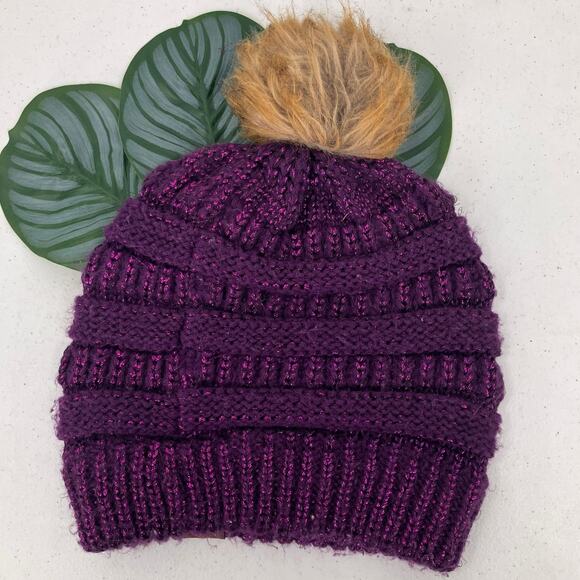 C.C Exclusives Purple Tan Metallic Cable Knit Faux Fur Pom One Size Beanie Hat - Picture 3 of 7